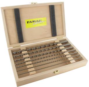 FAMAG 1599.507 Brad Point Drill Bit, HSS-G, Extra Long, 7 pcs. Set in wooden case: OAL 250 mm, EL 200 mm, Ø 3, 4, 5, 6, 7, 8, 9, 10, 11, 12 mm 