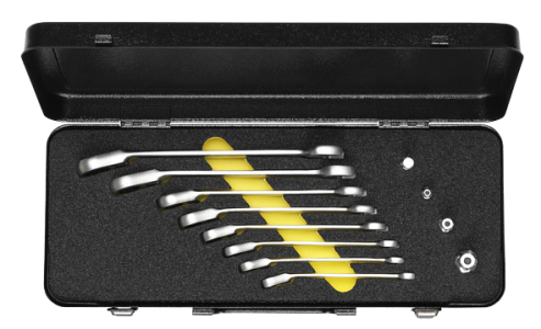 ELORA 204-J S8M OMS Set-Combination Spanner with Ring Ratchet, reversible, 8-pcs. + Adaptors 