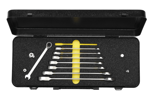 ELORA 204-S8M OMS Set-Combination Spanner with Ring Ratchet in metal case, 8-pcs. + Adaptors 