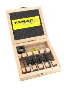 FAMAG 3572.503 Drill Bit - Countersink Set, HSS, 5 pcs. Set in wooden case. Drill bits Ø 3, 4, 6 mm with countersinks type 2100, bitholder and depth stop collar 2108.216<br><br>5 pcs. Set in wooden case. 