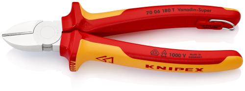 KNIPEX 70 06 180 T Diagonal Cutter insulated with multi-component grips, VDE-tested with integrated insulated tether attachment point for a tool tether chrome plated 180 mm 