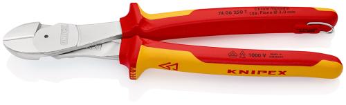 KNIPEX 74 06 250 T High Leverage Diagonal Cutter insulated with multi-component grips, VDE-tested with integrated insulated tether attachment point for a tool tether chrome plated 250 mm 