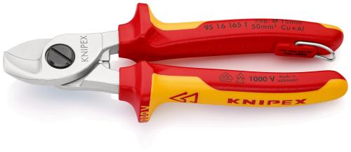 KNIPEX 95 16 165 T BK Cable Shears insulated with multi-component grips, VDE-tested with integrated insulated tether attachment point for a tool tether chrome plated 165 mm 