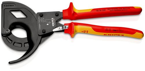 KNIPEX 95 36 320 Kabelschneider (Ratschenprinzip, Dreigang) isoliert mit Mehrkomponenten-Hüllen, VDE-geprüft schwarz atramentiert 320 mm 