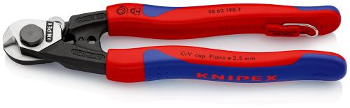 KNIPEX 95 62 190 T Drahtseilschere geschmiedet mit Mehrkomponenten-Hüllen, mit integrierter Befestigungsöse zum Anbringen einer Absturzsicherung 190 mm 