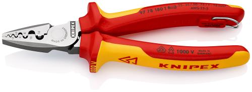 KNIPEX 97 78 180 T BK Alicate para crimpar punteras huecas Aislado con fundas multicomponente, homologado por VDE; con anilla de fijación aislada e integrada para colocar una protección anticaída 180 mm 