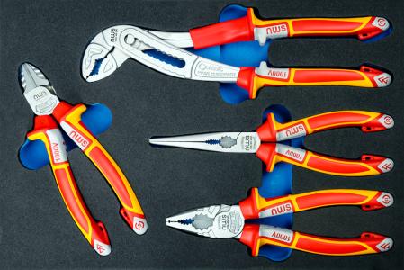 NWS 855-4 VDE Kombinierter Werkzeugsatz in Schaumstoffeinlage, Seitenschneider, Kraft-Kombinationszange, Flachrundzange, Wasserpumpenzange, 4-tlg.
 