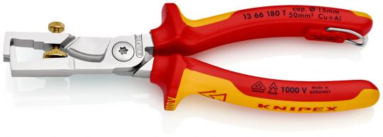 StriX® Insulation strippers with cable shears insulated with multi-component grips, VDE-tested with integrated insulated tether attachment point for a tool tether chrome plated 180 mm 