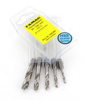Brad Point Drill Bit, HSS-G , 5 pcs. Set in blister pack Ø 3, 4, 5, 6, 8 mm<br><br>5 pcs. Packed in blister. Ø 3, 4, 5, 6 and 8 mm 