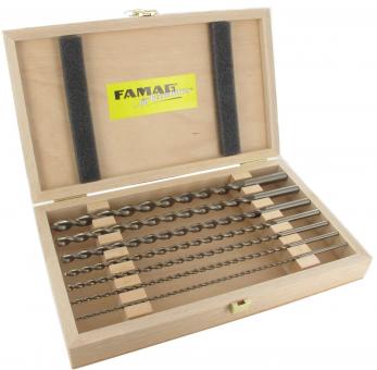 Brad Point Drill Bit, HSS-G, Extra Long, 7 pcs. Set in wooden case: OAL 250 mm, EL 200 mm, Ø 3, 4, 5, 6, 7, 8, 9, 10, 11, 12 mm 