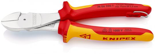 High Leverage Diagonal Cutter insulated with multi-component grips, VDE-tested with integrated insulated tether attachment point for a tool tether chrome plated 200 mm 