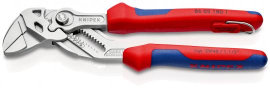 Tenaza llave Alicate y llave en una sola herramienta con fundas multicomponentes, con anilla de fijación integrada para colocar un dispositivo de protección anticaídas cromado 180 mm KNIPEX8605180T