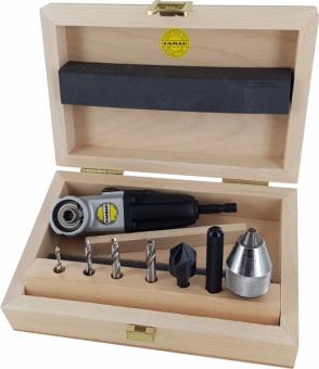 Juego 90fix en caja de madera, versión metal, con brocas ref.: 2596: Ø 3, 4, 5, 6 mm, avellanador, portabrocas y bits 
