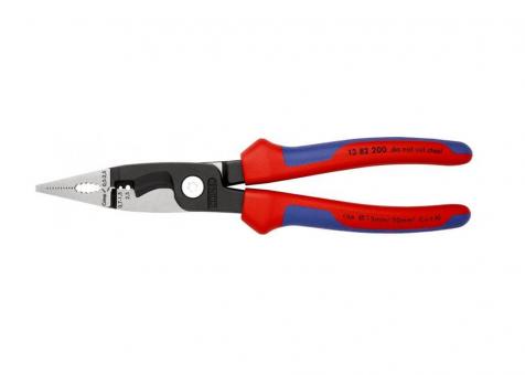 Pliers for Electrical Installation with multi-component grips, with integrated tether attachment point for a tool tether black atramentized 